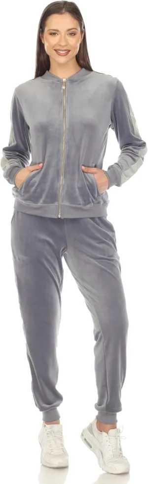 white mark Women's 2-Piece Velour Bomber Track Jacket and Sweatpants Tracksuit Set with Faux Leather Stripe