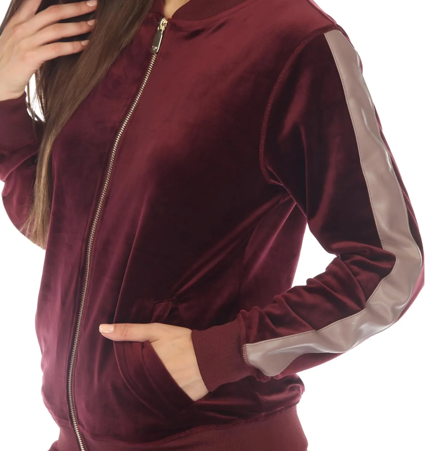 white mark Women's 2-Piece Velour Bomber Track Jacket and Sweatpants Tracksuit Set with Faux Leather Stripe