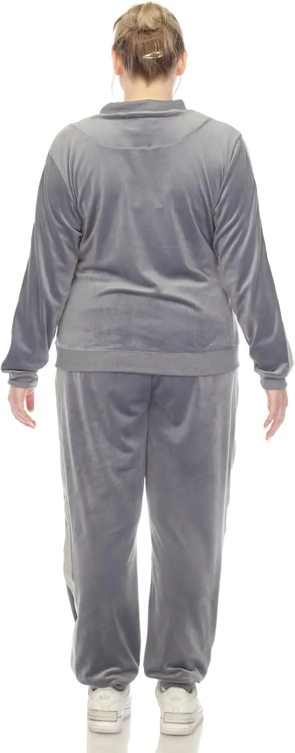 white mark Women's 2-Piece Velour Bomber Track Jacket and Sweatpants Tracksuit Set with Faux Leather Stripe