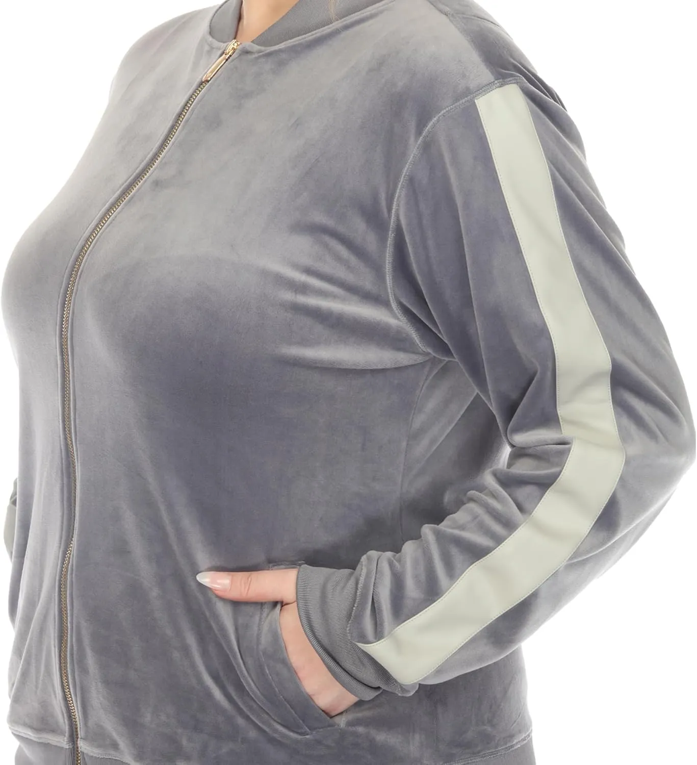 white mark Women's 2-Piece Velour Bomber Track Jacket and Sweatpants Tracksuit Set with Faux Leather Stripe