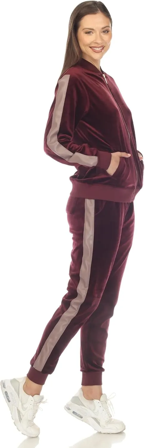 white mark Women's 2-Piece Velour Bomber Track Jacket and Sweatpants Tracksuit Set with Faux Leather Stripe
