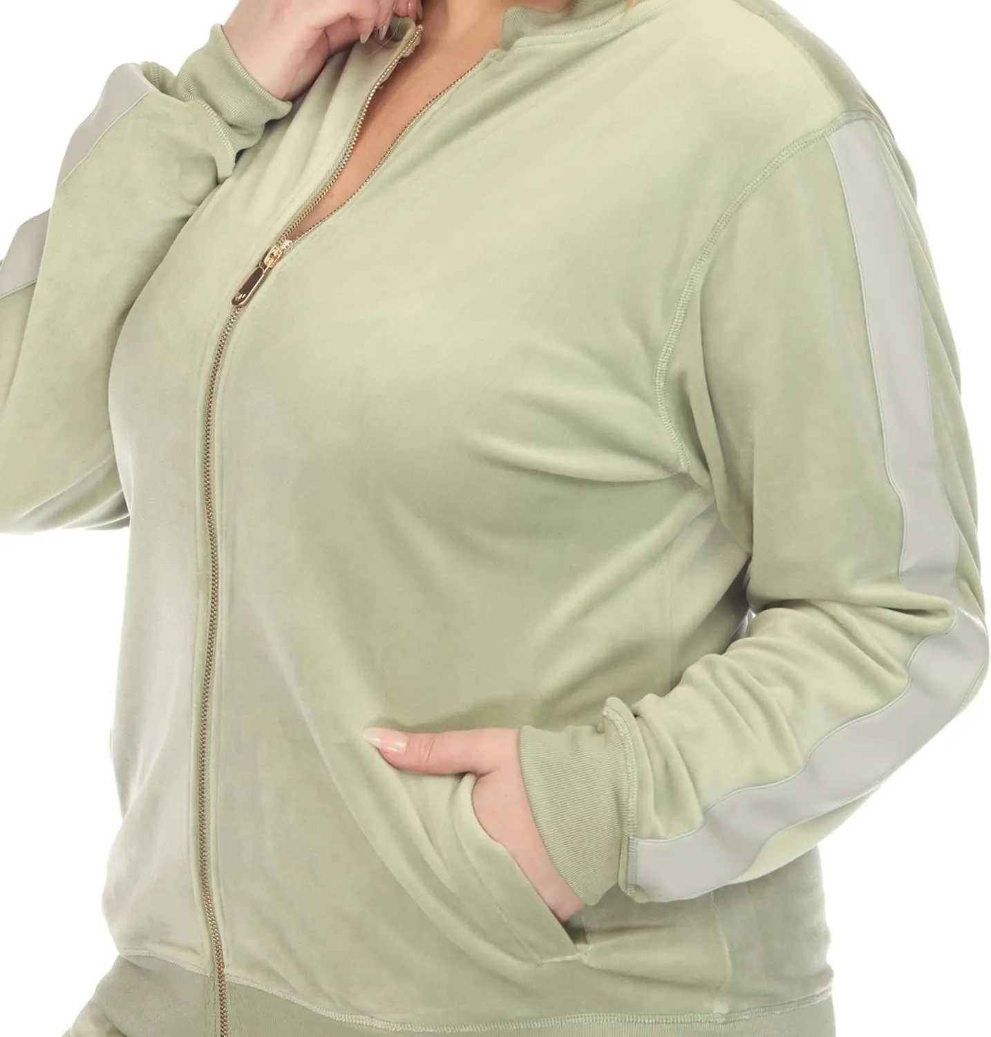white mark Women's 2-Piece Velour Bomber Track Jacket and Sweatpants Tracksuit Set with Faux Leather Stripe