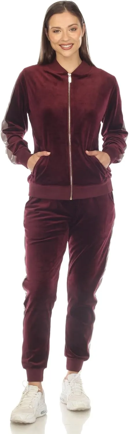 white mark Women's 2-Piece Velour Bomber Track Jacket and Sweatpants Tracksuit Set with Faux Leather Stripe