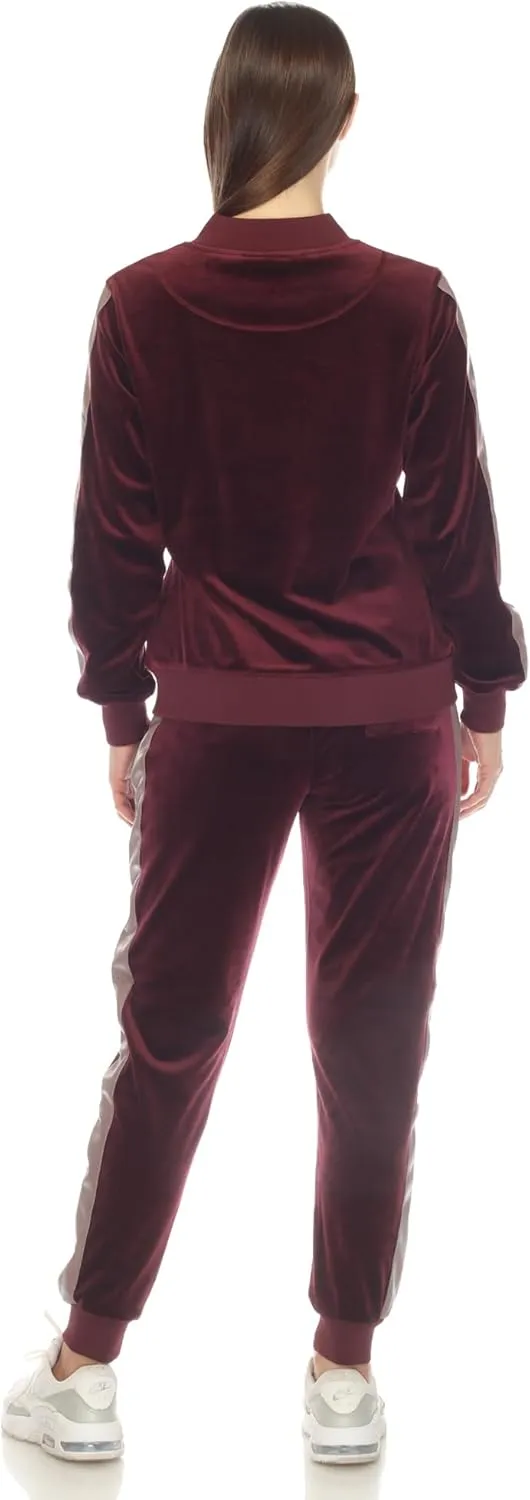 white mark Women's 2-Piece Velour Bomber Track Jacket and Sweatpants Tracksuit Set with Faux Leather Stripe
