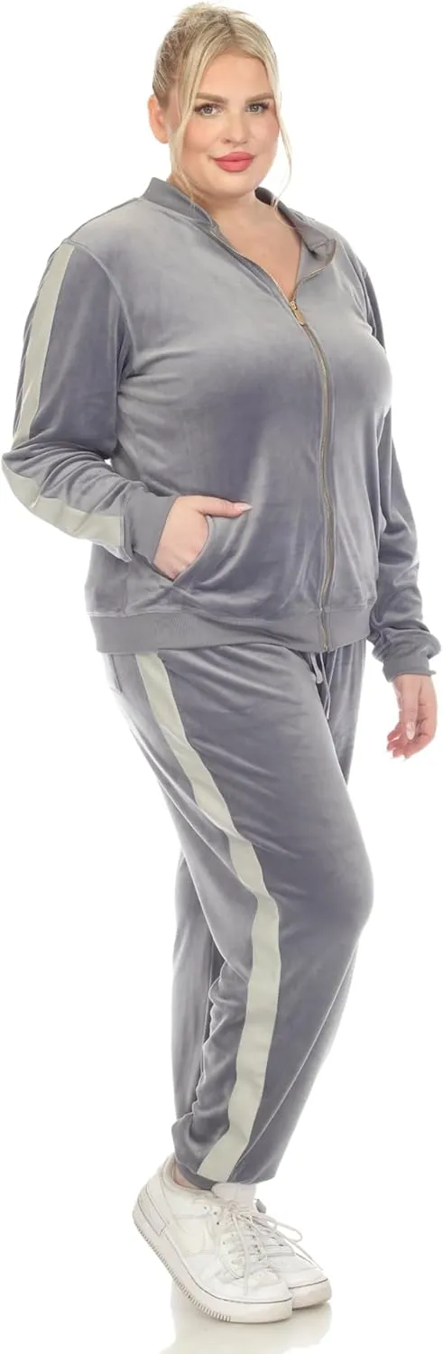 white mark Women's 2-Piece Velour Bomber Track Jacket and Sweatpants Tracksuit Set with Faux Leather Stripe