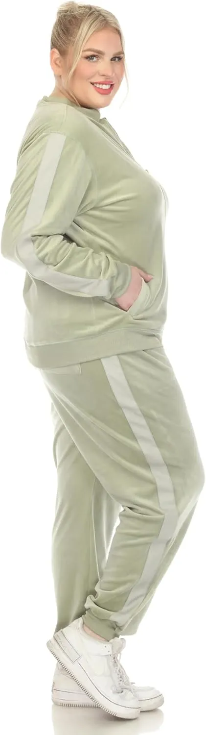 white mark Women's 2-Piece Velour Bomber Track Jacket and Sweatpants Tracksuit Set with Faux Leather Stripe
