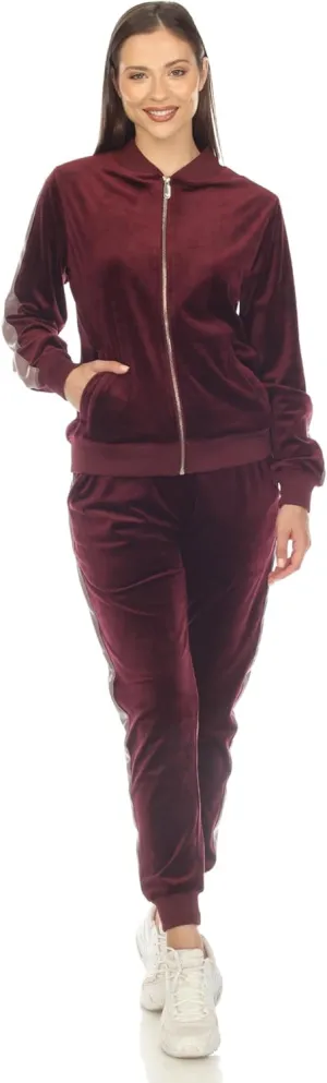 white mark Women's 2-Piece Velour Bomber Track Jacket and Sweatpants Tracksuit Set with Faux Leather Stripe