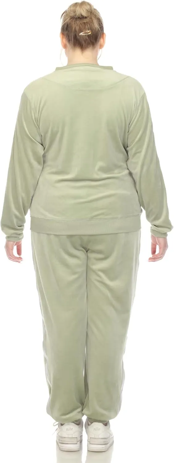 white mark Women's 2-Piece Velour Bomber Track Jacket and Sweatpants Tracksuit Set with Faux Leather Stripe
