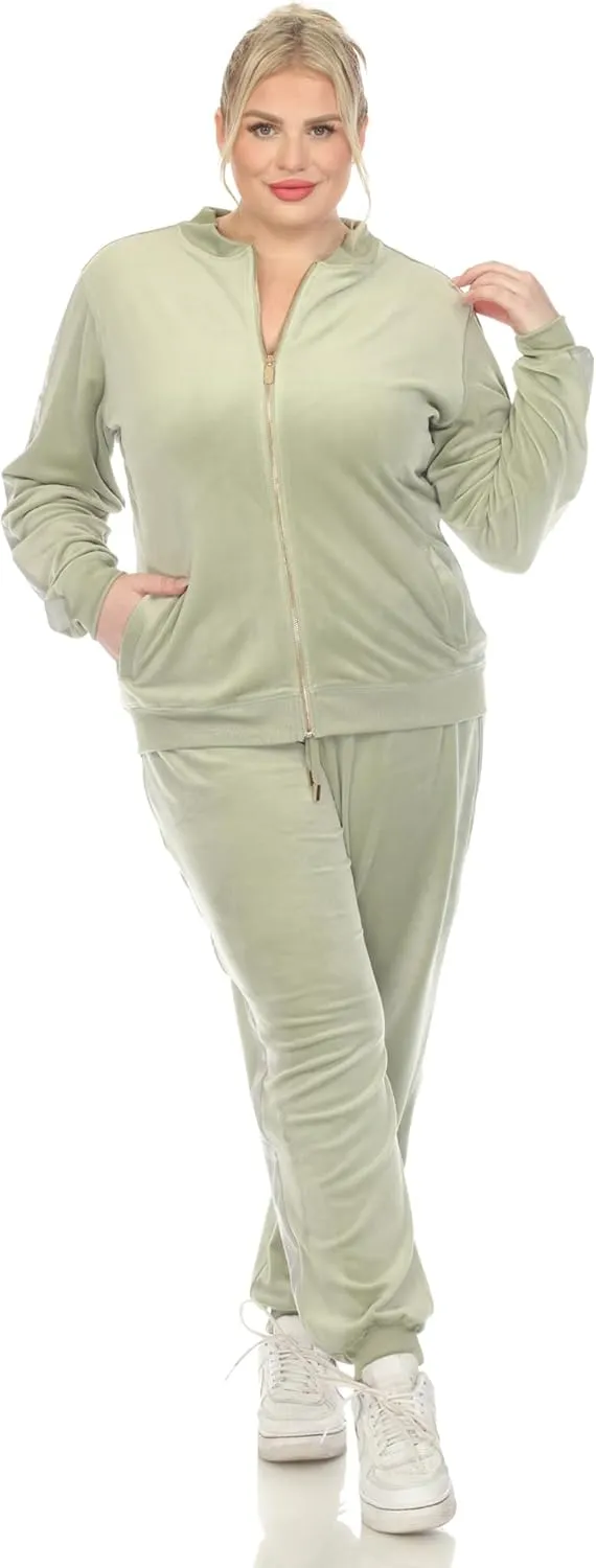 white mark Women's 2-Piece Velour Bomber Track Jacket and Sweatpants Tracksuit Set with Faux Leather Stripe