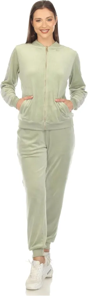 white mark Women's 2-Piece Velour Bomber Track Jacket and Sweatpants Tracksuit Set with Faux Leather Stripe