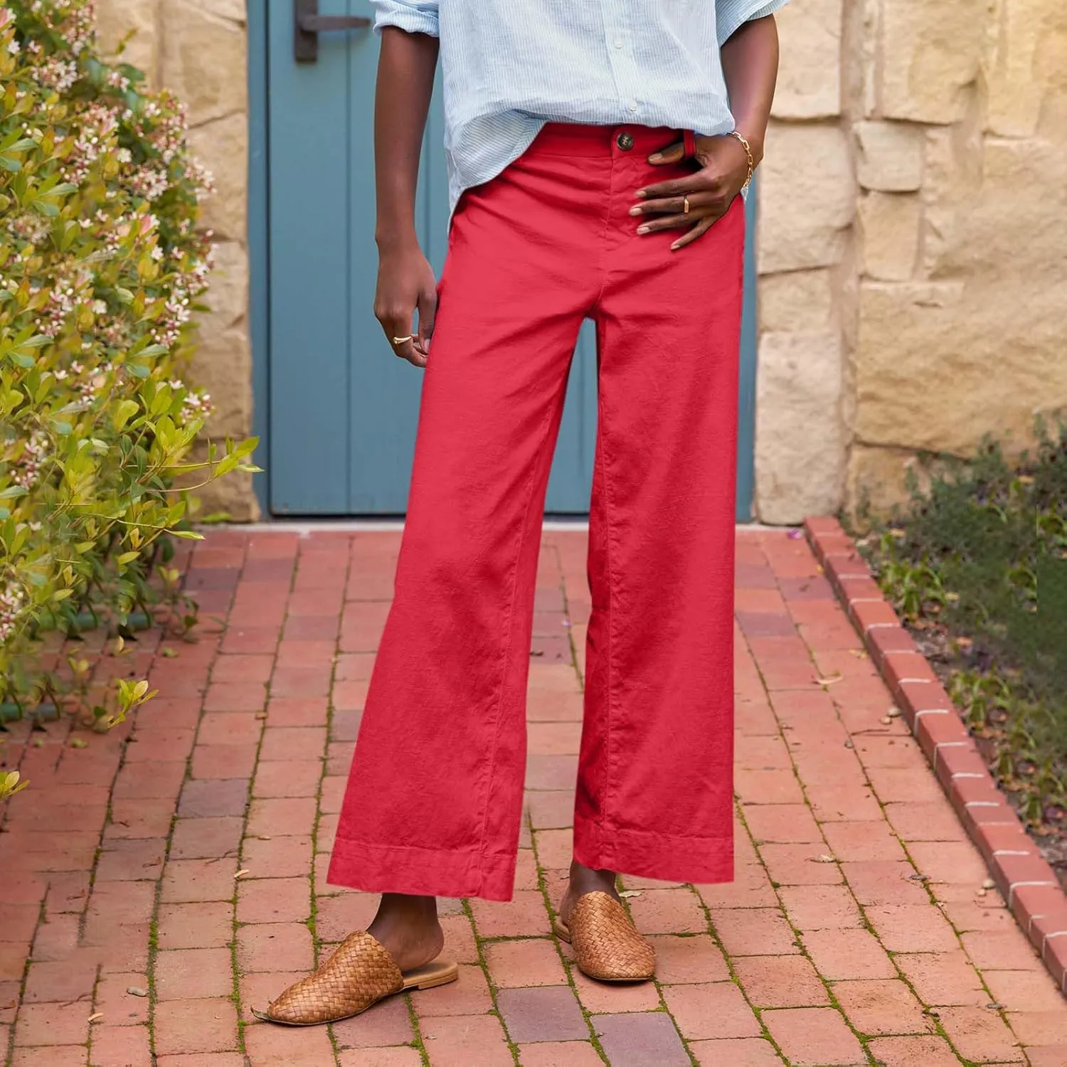 Wide Leg Linen Pants for Women High Waisted Cropped Capri Pants Summer Business Casual Trousers with Pockets