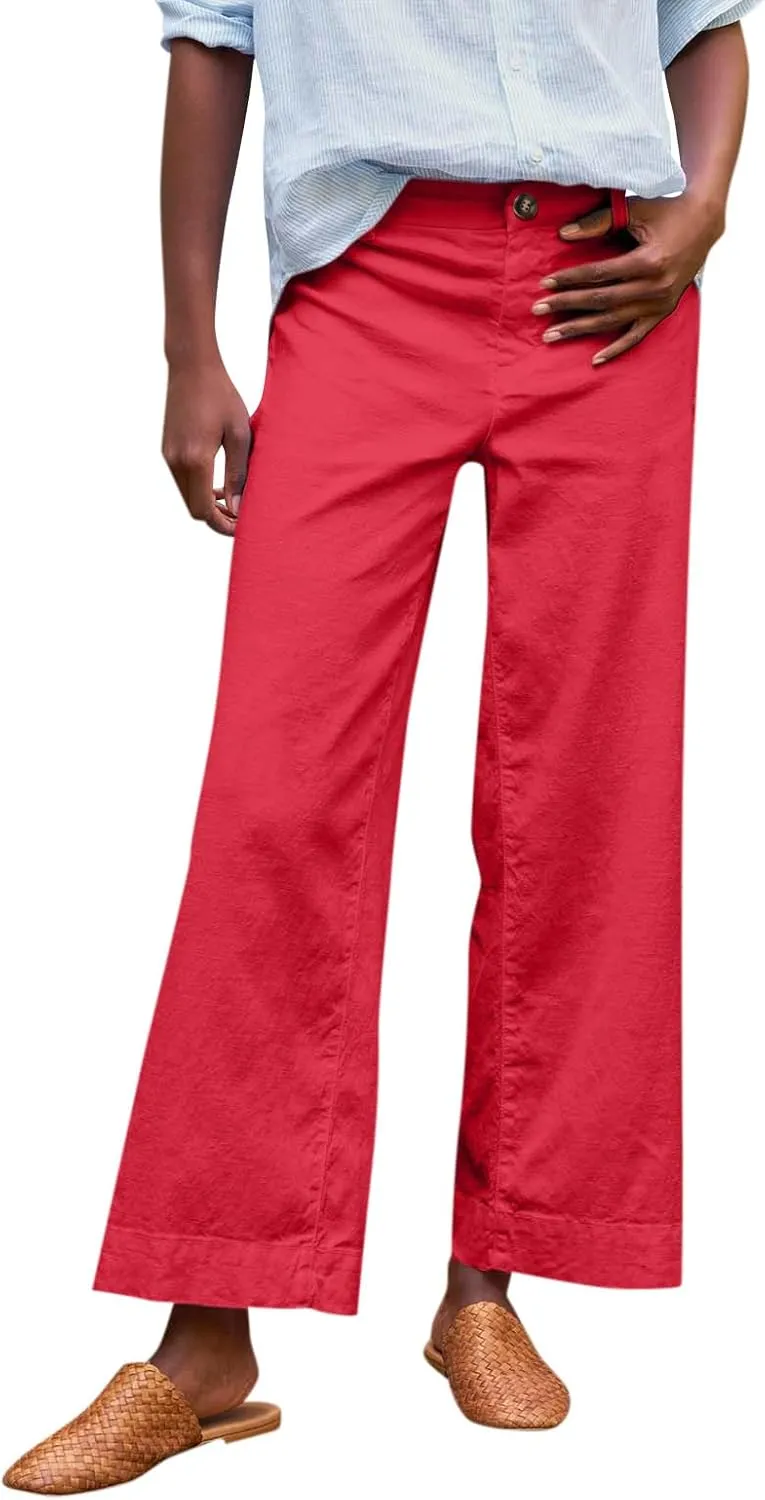 Wide Leg Linen Pants for Women High Waisted Cropped Capri Pants Summer Business Casual Trousers with Pockets