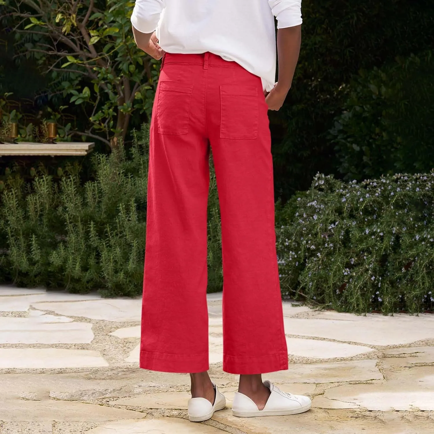 Wide Leg Linen Pants for Women High Waisted Cropped Capri Pants Summer Business Casual Trousers with Pockets