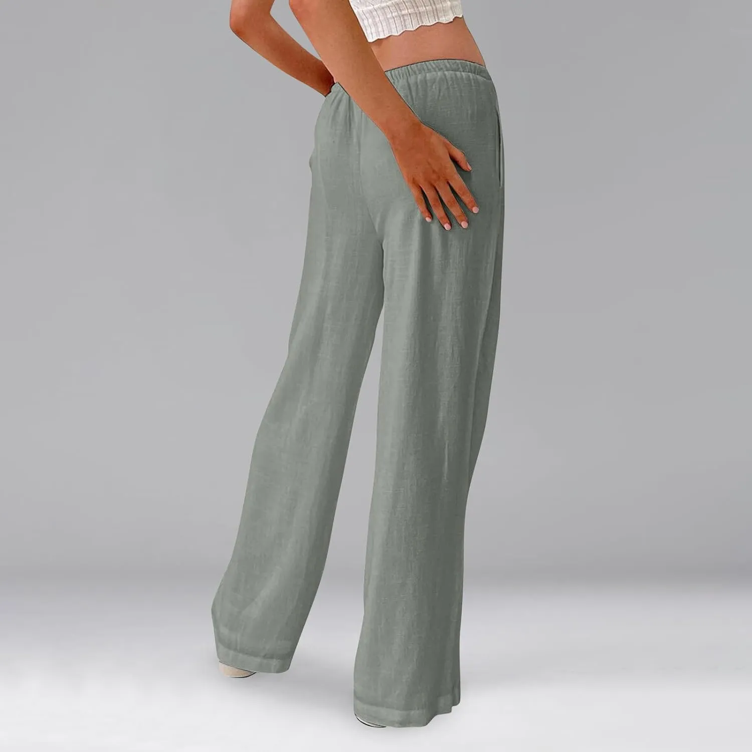 Wide Leg Linen Pants for Women Summer Elastic Waist Cotton Palazzo Pants Loose Guaze Casual Work Pants with Pockets