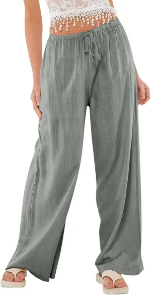 Wide Leg Linen Pants for Women Summer Elastic Waist Cotton Palazzo Pants Loose Guaze Casual Work Pants with Pockets