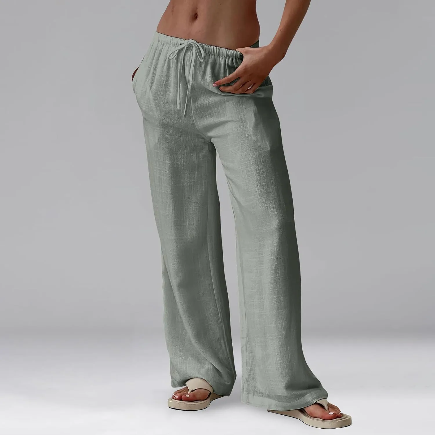 Wide Leg Linen Pants for Women Summer Elastic Waist Cotton Palazzo Pants Loose Guaze Casual Work Pants with Pockets