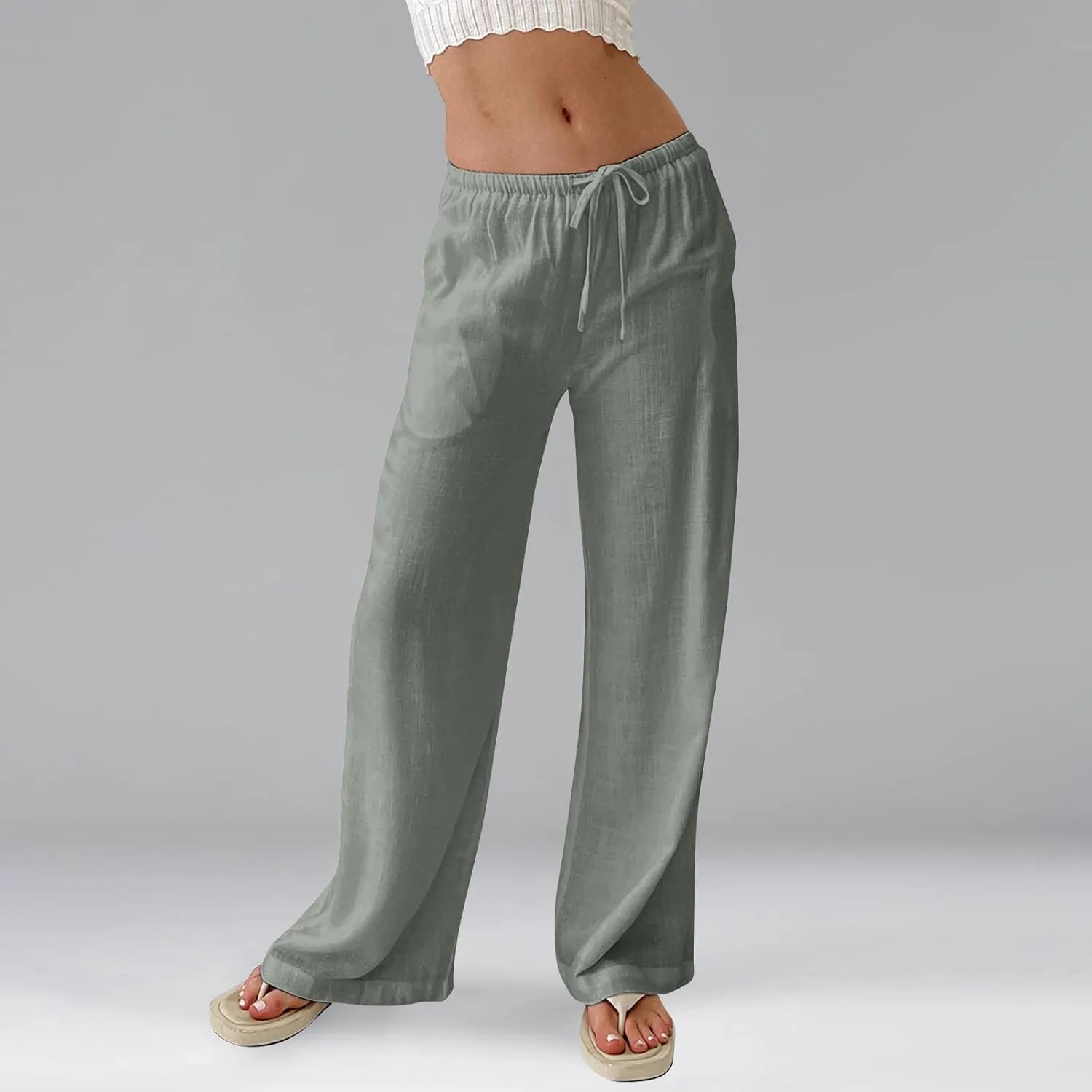 Wide Leg Linen Pants for Women Summer Elastic Waist Cotton Palazzo Pants Loose Guaze Casual Work Pants with Pockets
