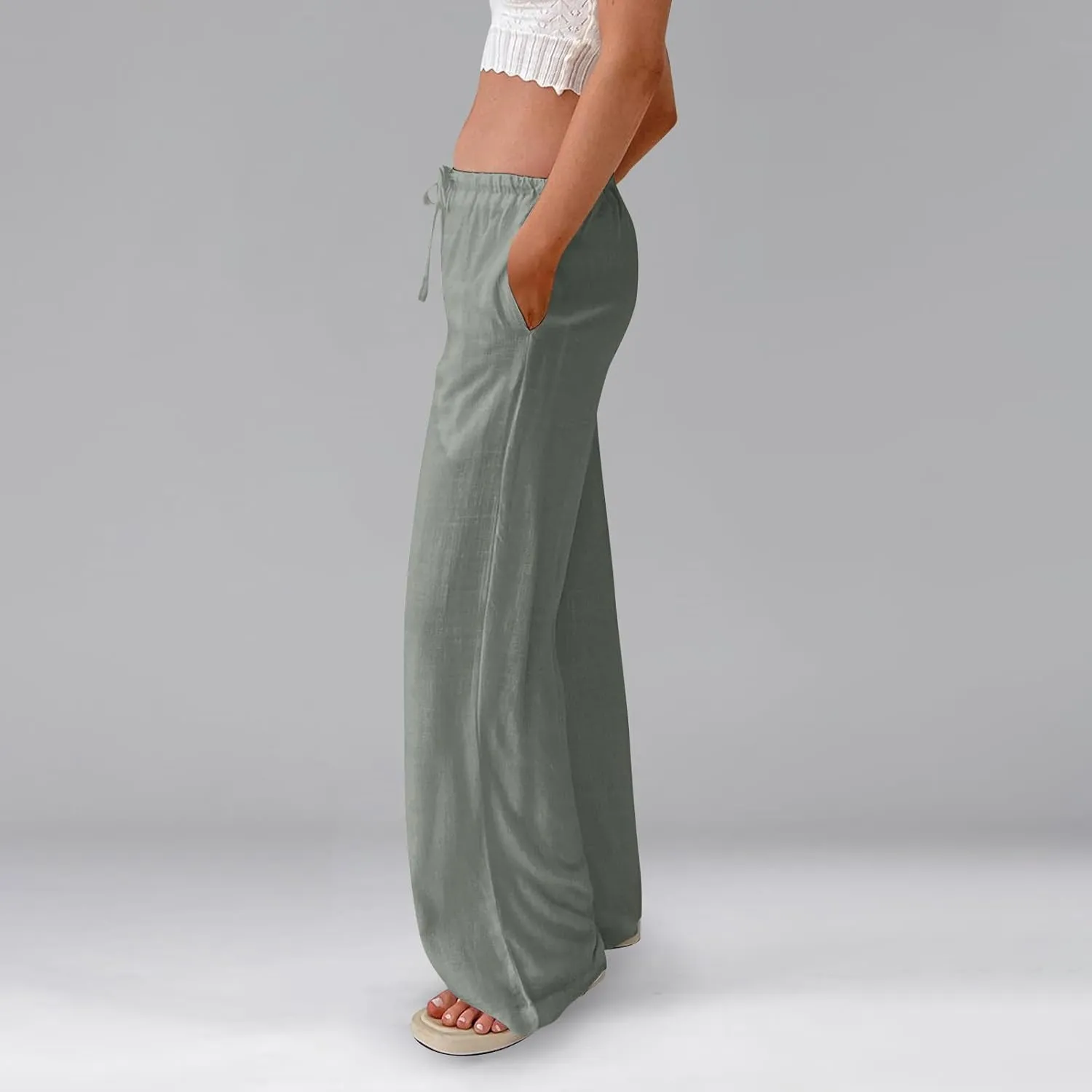 Wide Leg Linen Pants for Women Summer Elastic Waist Cotton Palazzo Pants Loose Guaze Casual Work Pants with Pockets