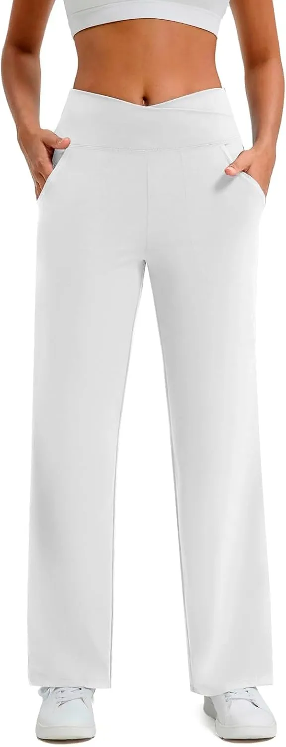 Wide Leg Yoga Pants for Women Crossover High Waisted Athletic Pants with Pockets Casual Comfy Lounge Pants