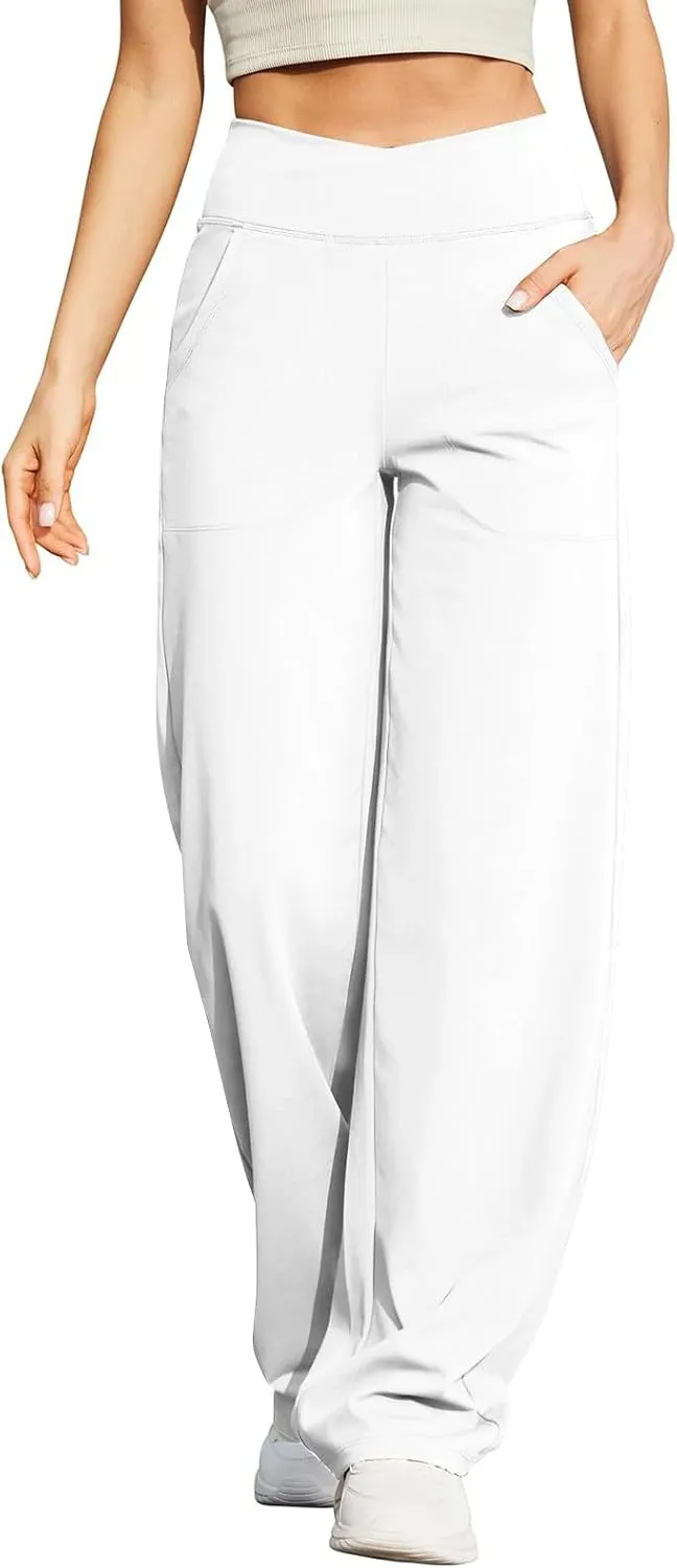 Wide Leg Yoga Pants for Women Crossover High Waisted Athletic Pants with Pockets Casual Comfy Lounge Pants