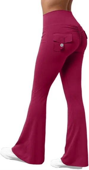 Wide Leg Yoga Pants Women Elastic High Waisted Workout Flare Pants Tummy Control Slim Fit Legging with Pockets