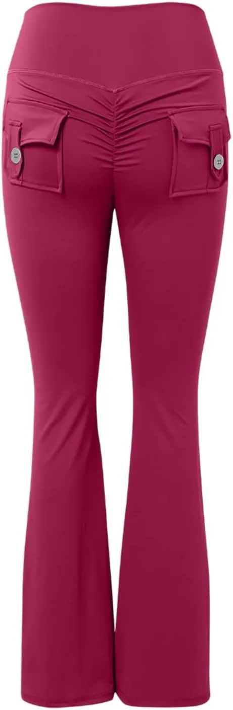Wide Leg Yoga Pants Women Elastic High Waisted Workout Flare Pants Tummy Control Slim Fit Legging with Pockets