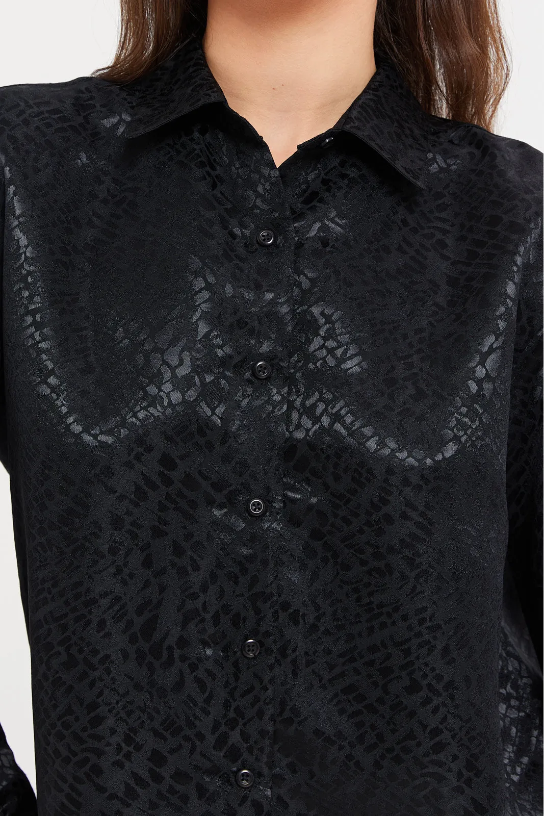 Women Black Satin Jacquard Shirt