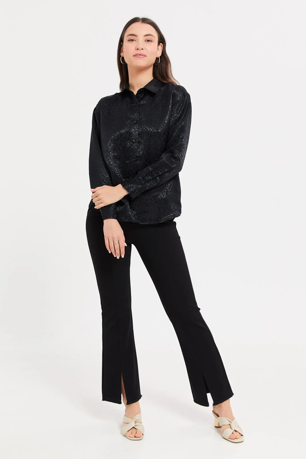 Women Black Satin Jacquard Shirt