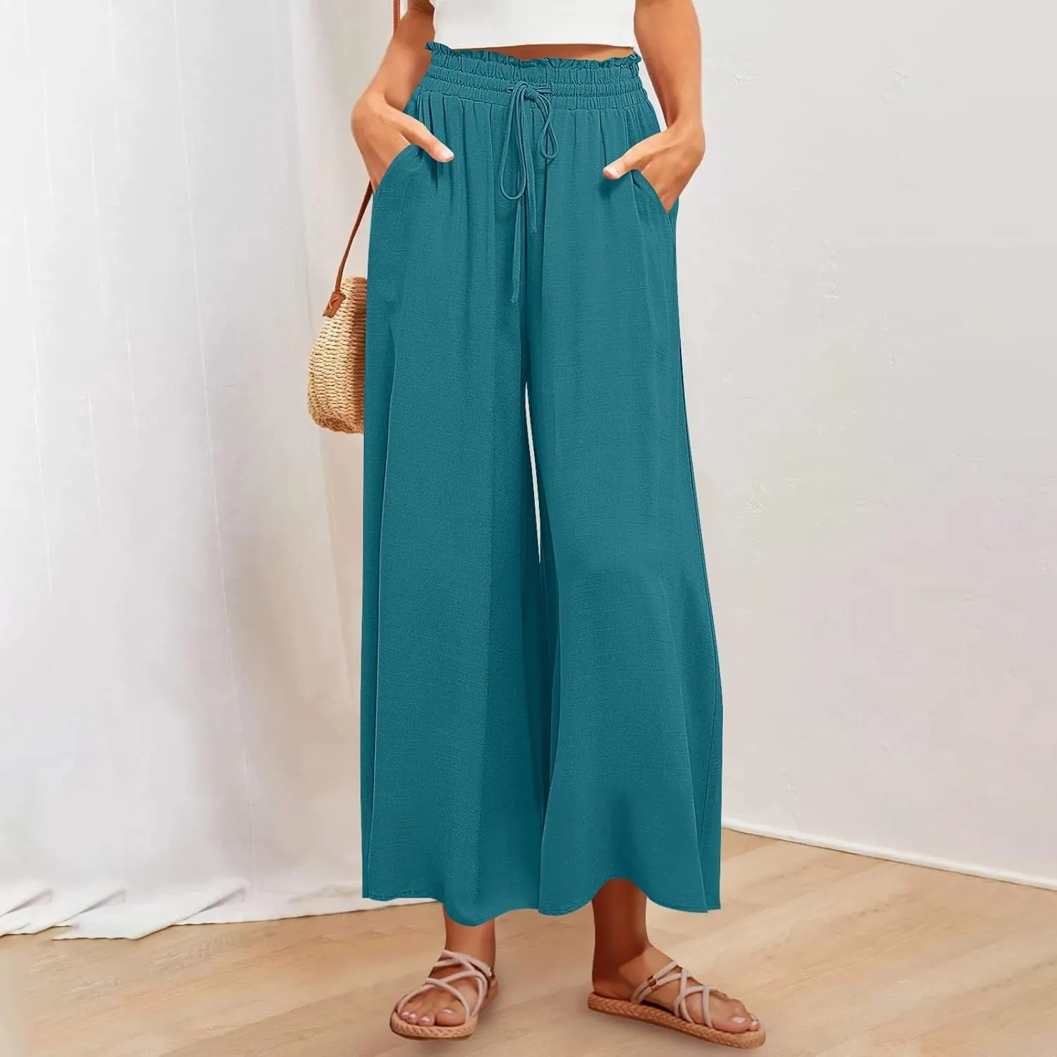Women Casual High Waist Wide Leg Pants Summer Floral Solid Long Palazzo Pant Lounge Beach Trousers Slacks with Pocket