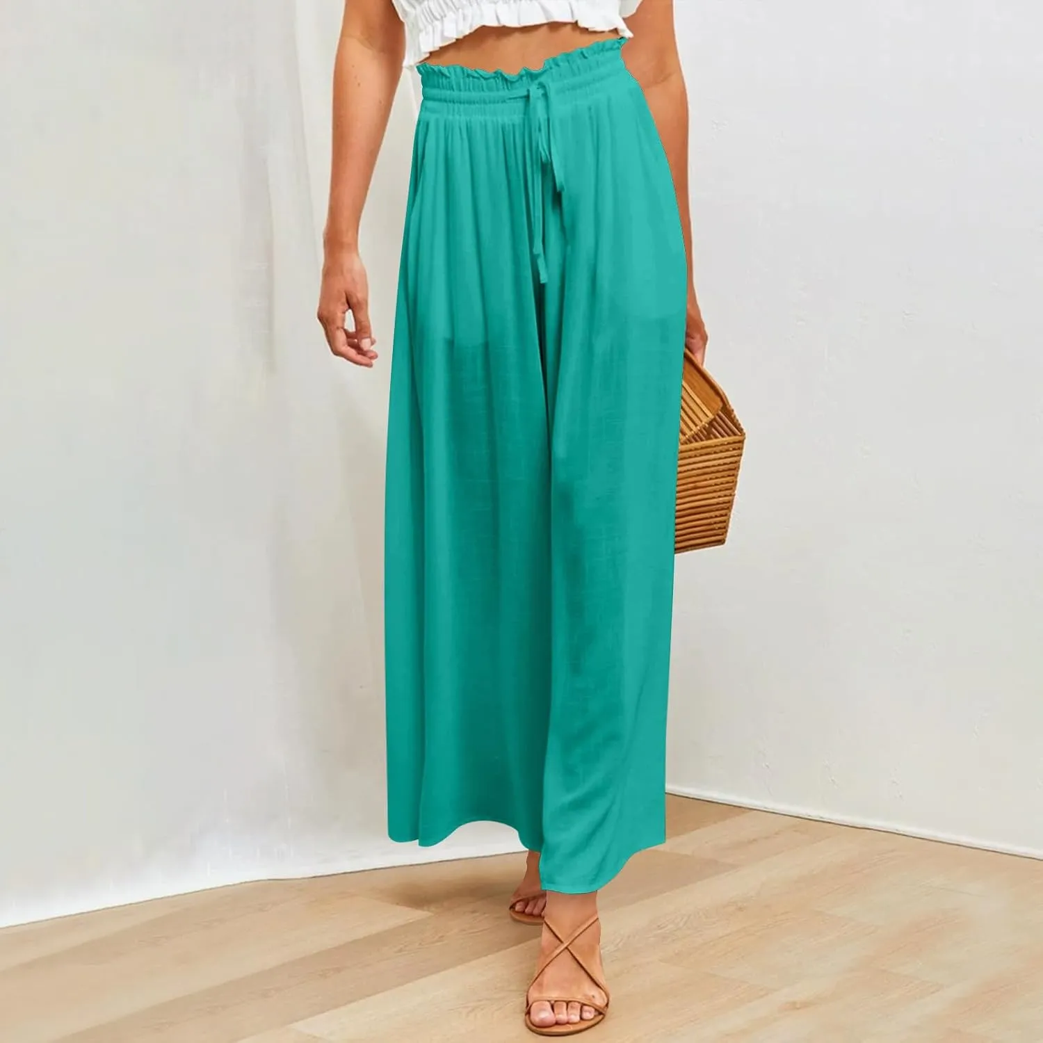 Women Casual High Waist Wide Leg Pants Summer Floral Solid Long Palazzo Pant Lounge Beach Trousers Slacks with Pocket