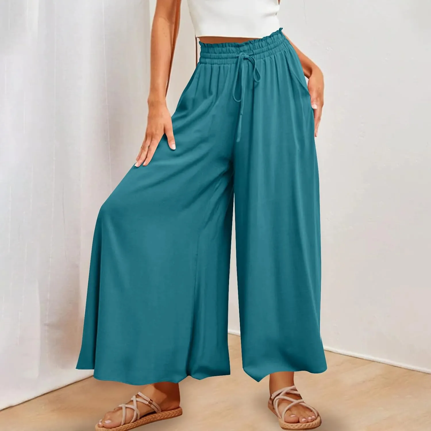 Women Casual High Waist Wide Leg Pants Summer Floral Solid Long Palazzo Pant Lounge Beach Trousers Slacks with Pocket