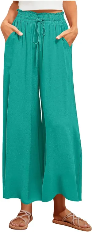 Women Casual High Waist Wide Leg Pants Summer Floral Solid Long Palazzo Pant Lounge Beach Trousers Slacks with Pocket