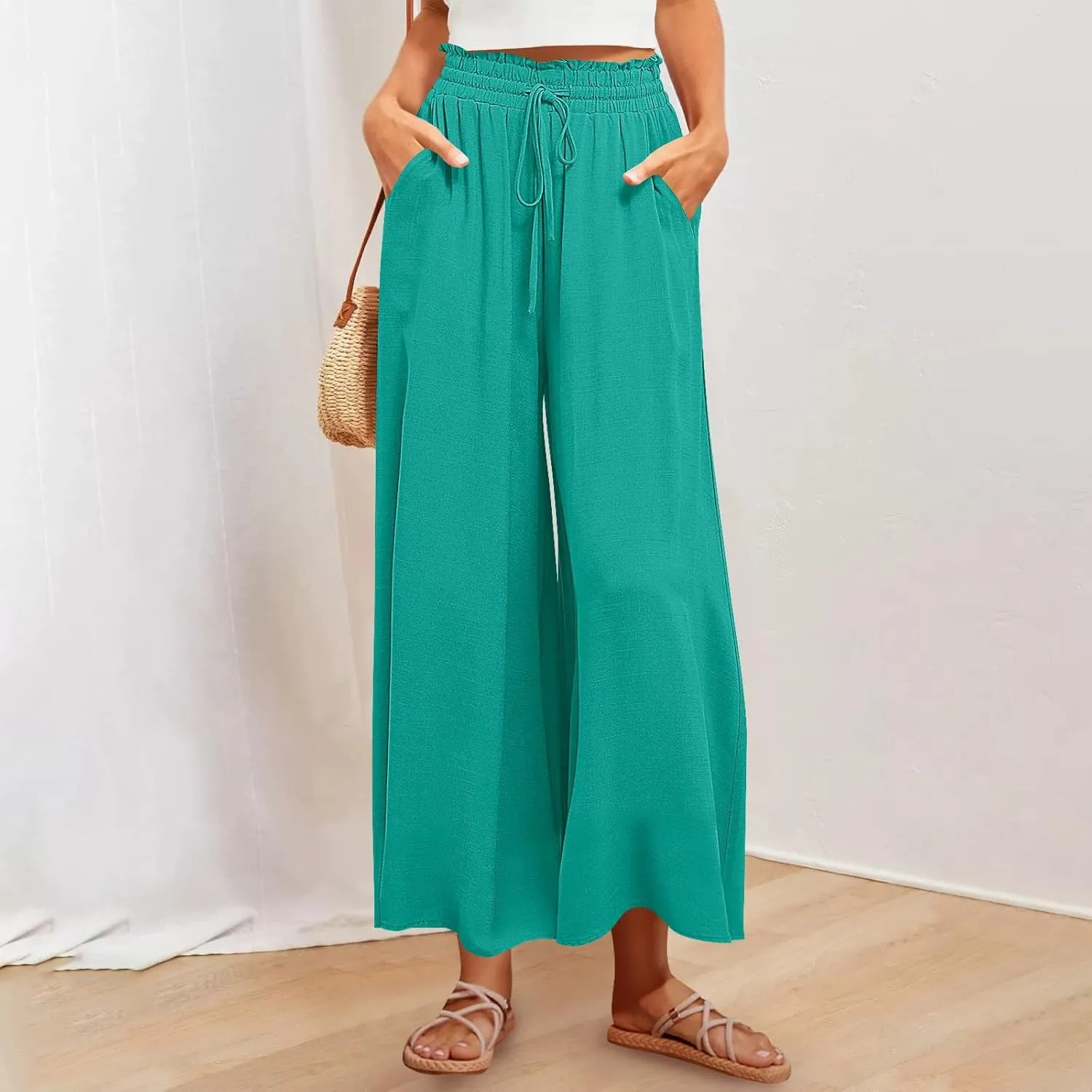 Women Casual High Waist Wide Leg Pants Summer Floral Solid Long Palazzo Pant Lounge Beach Trousers Slacks with Pocket