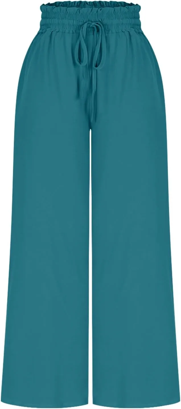 Women Casual High Waist Wide Leg Pants Summer Floral Solid Long Palazzo Pant Lounge Beach Trousers Slacks with Pocket