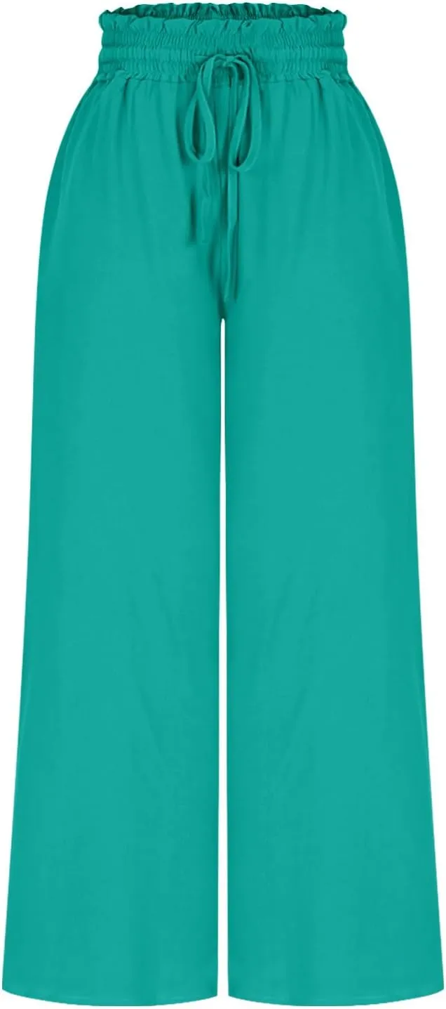 Women Casual High Waist Wide Leg Pants Summer Floral Solid Long Palazzo Pant Lounge Beach Trousers Slacks with Pocket