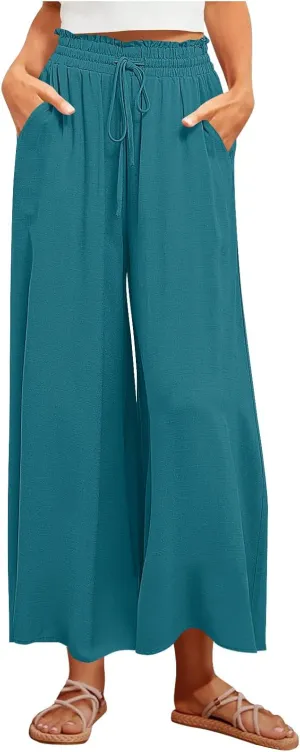 Women Casual High Waist Wide Leg Pants Summer Floral Solid Long Palazzo Pant Lounge Beach Trousers Slacks with Pocket