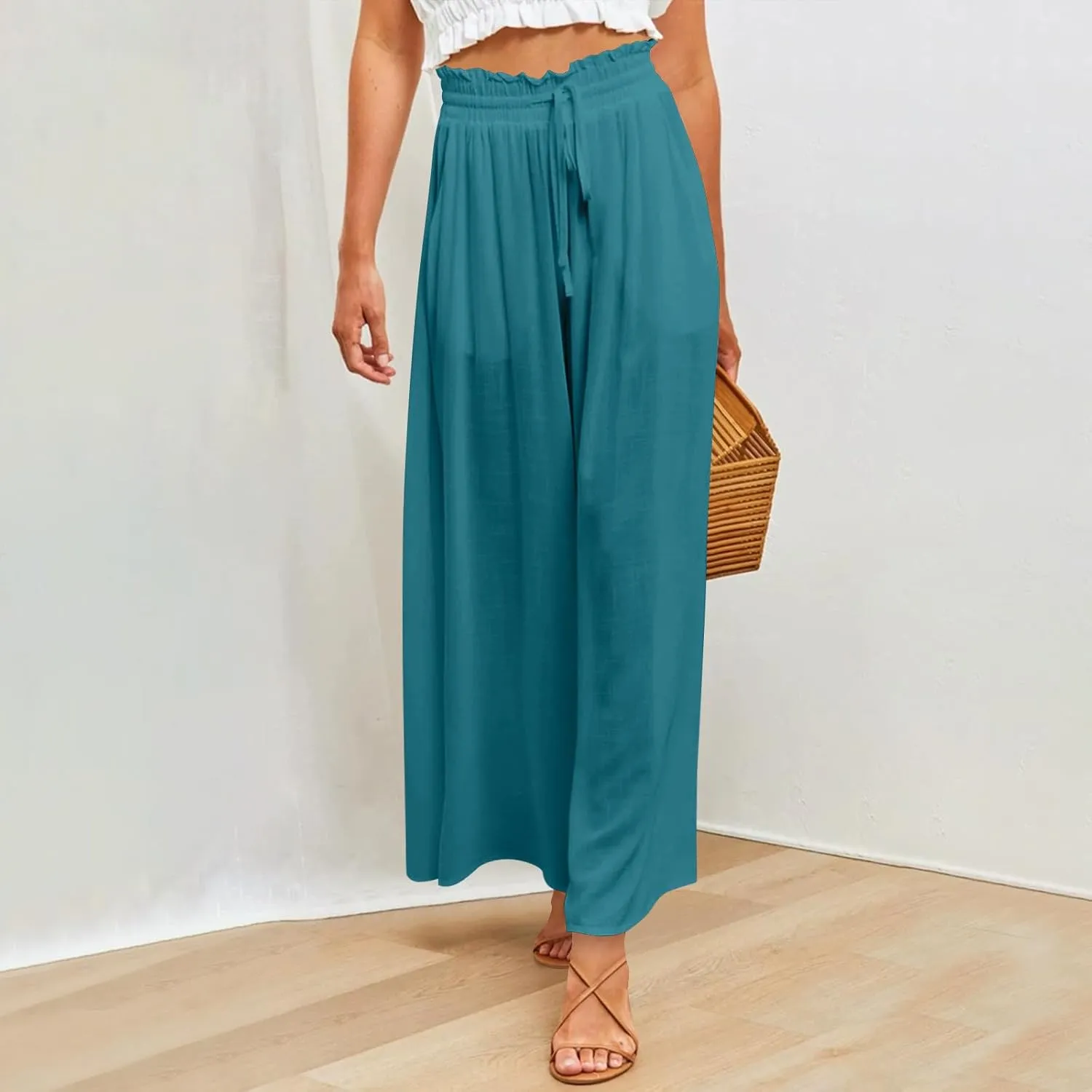Women Casual High Waist Wide Leg Pants Summer Floral Solid Long Palazzo Pant Lounge Beach Trousers Slacks with Pocket