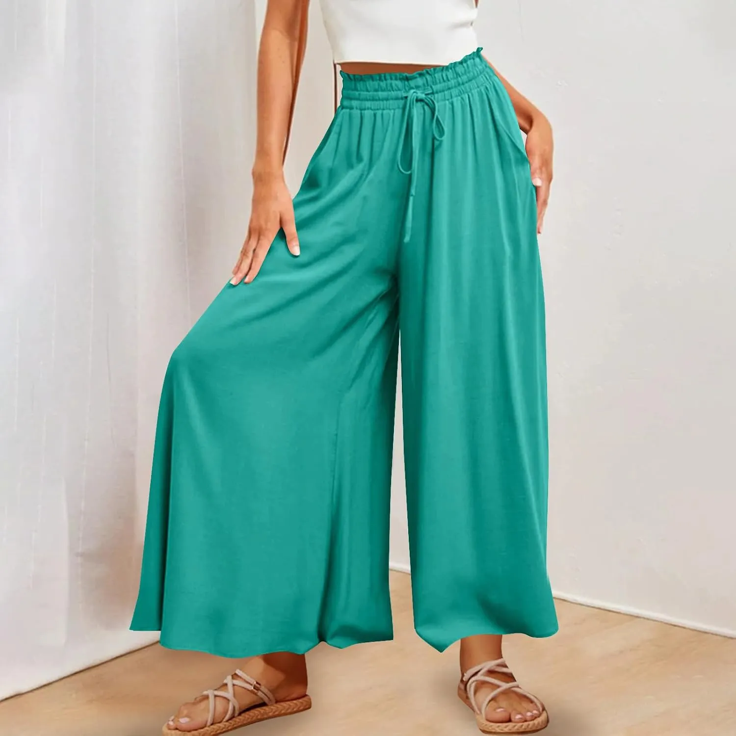 Women Casual High Waist Wide Leg Pants Summer Floral Solid Long Palazzo Pant Lounge Beach Trousers Slacks with Pocket