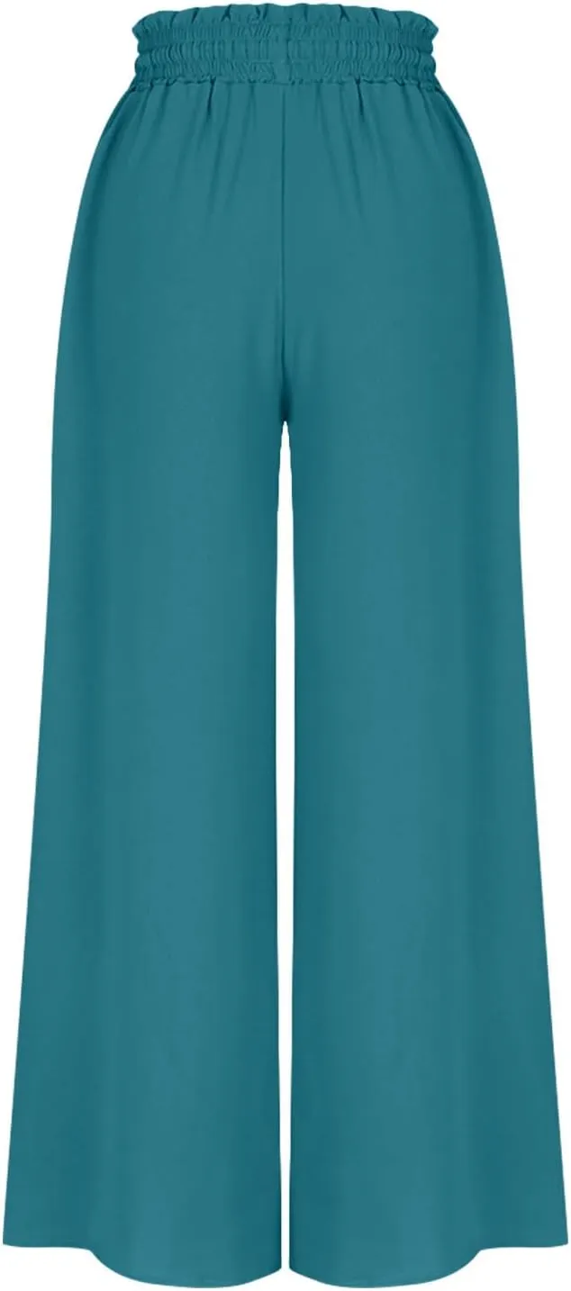 Women Casual High Waist Wide Leg Pants Summer Floral Solid Long Palazzo Pant Lounge Beach Trousers Slacks with Pocket