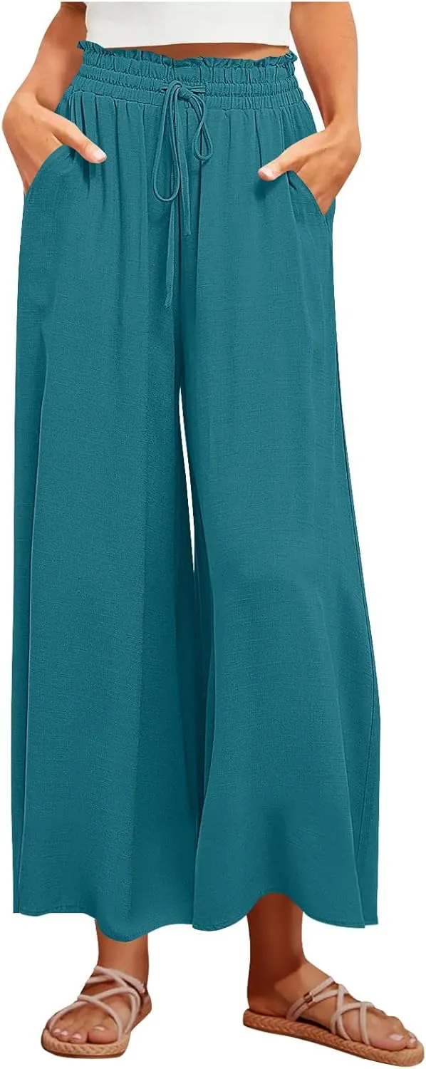 Women Casual High Waist Wide Leg Pants Summer Floral Solid Long Palazzo Pant Lounge Beach Trousers Slacks with Pocket