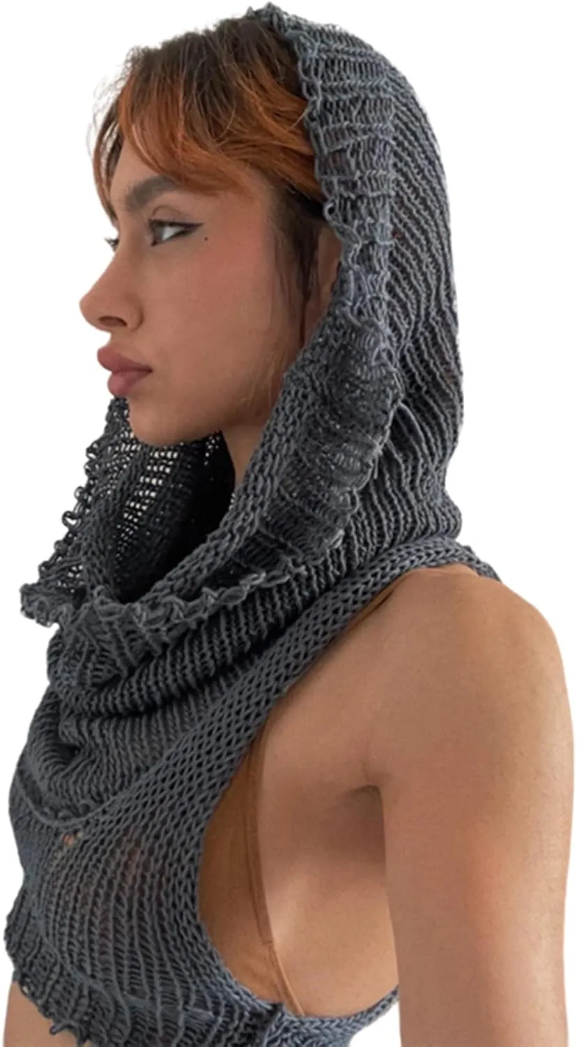 Women Knitted Hoodie Sweater Vest Sexy Sleeveless Hollow Out Hooded Crop Top Streetwear Rave Oufit