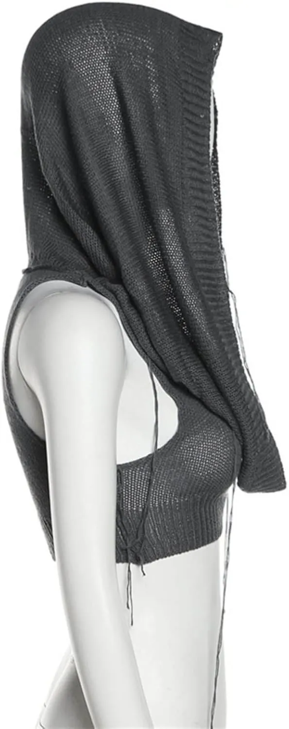 Women Knitted Hoodie Sweater Vest Sexy Sleeveless Hollow Out Hooded Crop Top Streetwear Rave Oufit