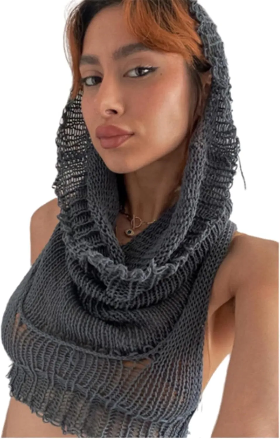 Women Knitted Hoodie Sweater Vest Sexy Sleeveless Hollow Out Hooded Crop Top Streetwear Rave Oufit