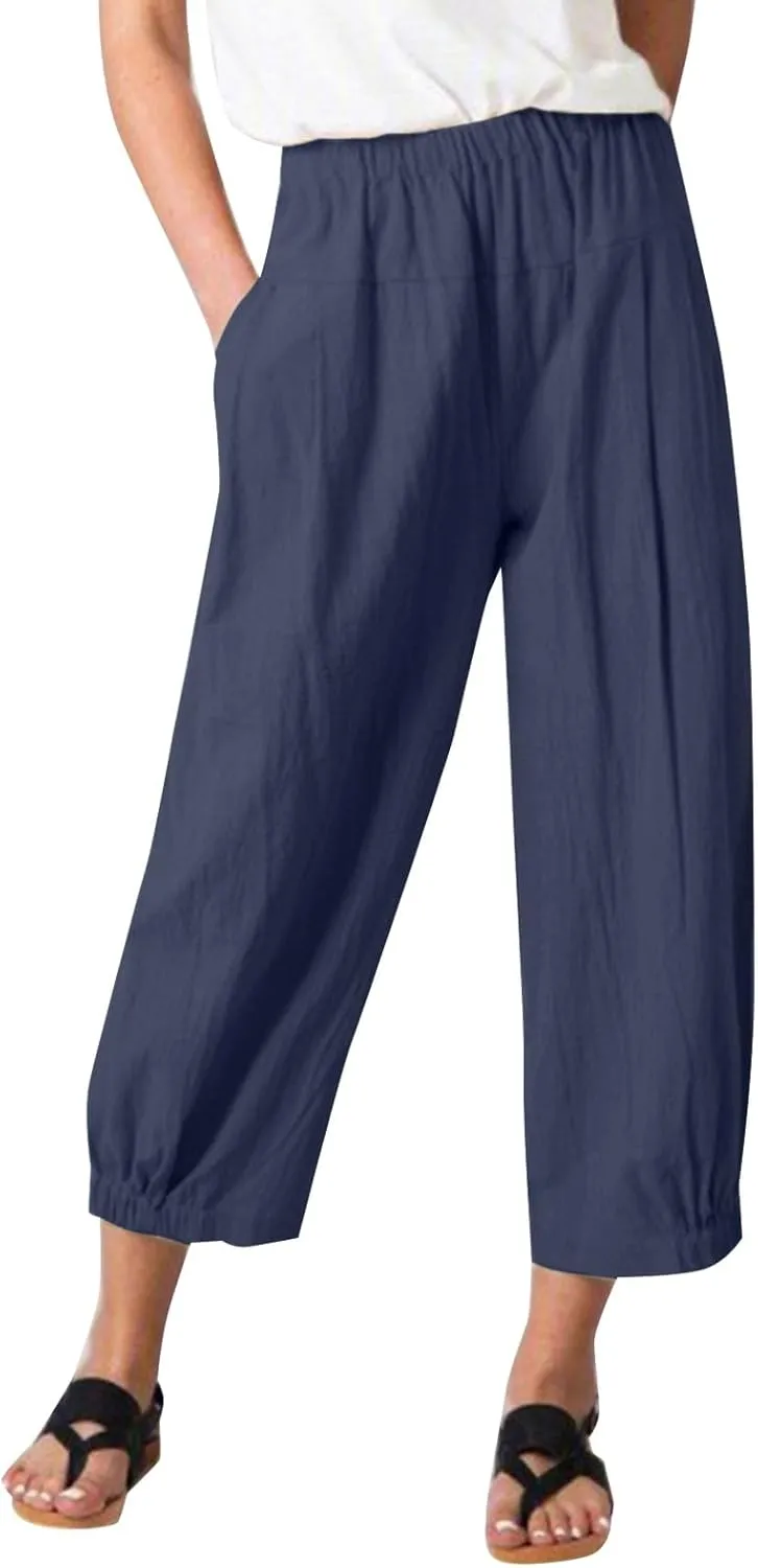 Women Linen Capris Pants High Waisted Summer 2025 Wide Leg Loose Elastic Waist Cropped Trouser