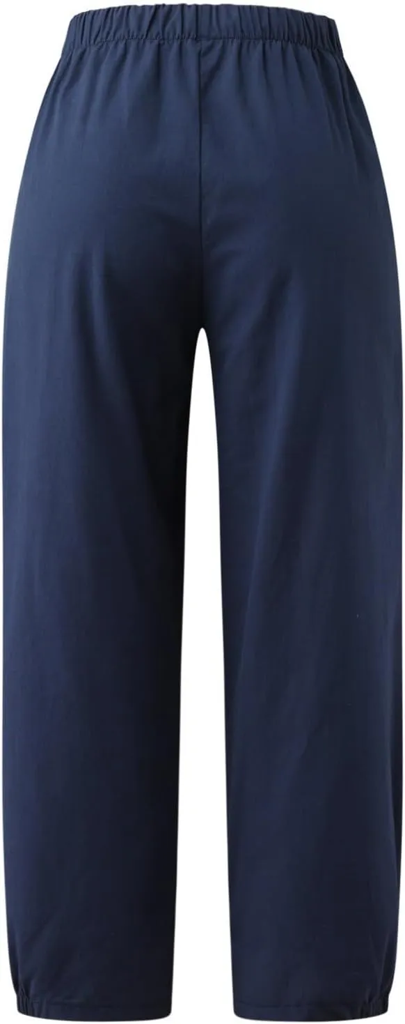 Women Linen Capris Pants High Waisted Summer 2025 Wide Leg Loose Elastic Waist Cropped Trouser