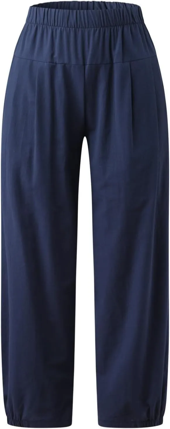 Women Linen Capris Pants High Waisted Summer 2025 Wide Leg Loose Elastic Waist Cropped Trouser