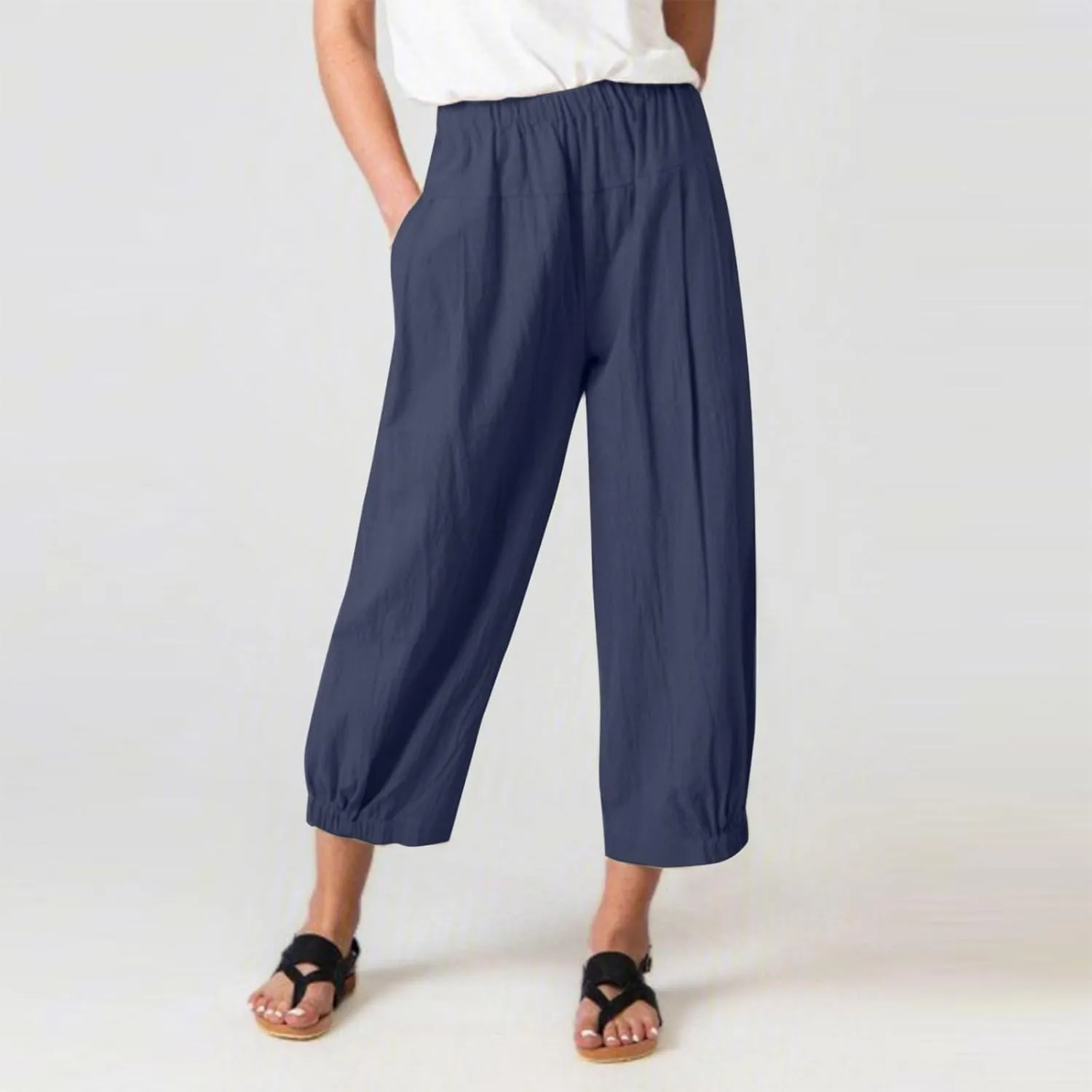 Women Linen Capris Pants High Waisted Summer 2025 Wide Leg Loose Elastic Waist Cropped Trouser