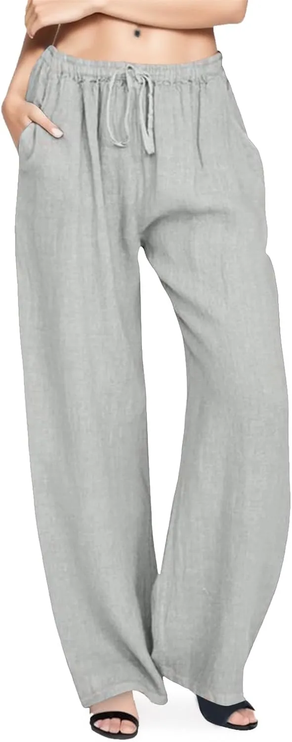 Women Linen Palazzo Pants Summer Cotton Flowy Pants Drawstring Wide Leg Lightweight Pants Cute Beach Loose Trousers