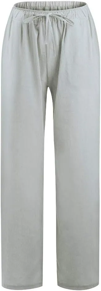 Women Linen Palazzo Pants Summer Cotton Flowy Pants Drawstring Wide Leg Lightweight Pants Cute Beach Loose Trousers