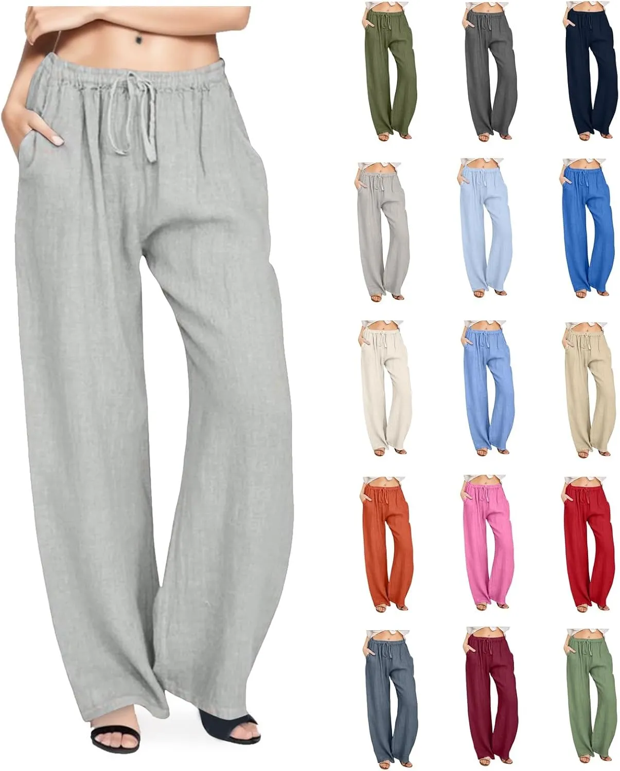 Women Linen Palazzo Pants Summer Cotton Flowy Pants Drawstring Wide Leg Lightweight Pants Cute Beach Loose Trousers